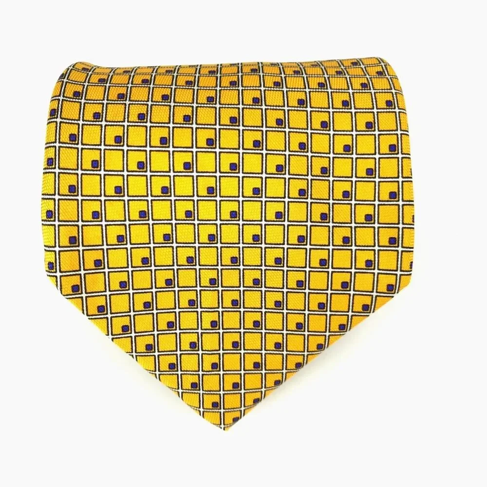 Ralph Lauren Yellow White Blue Squares Elegant 100% Silk Men's Tie Necktie 57